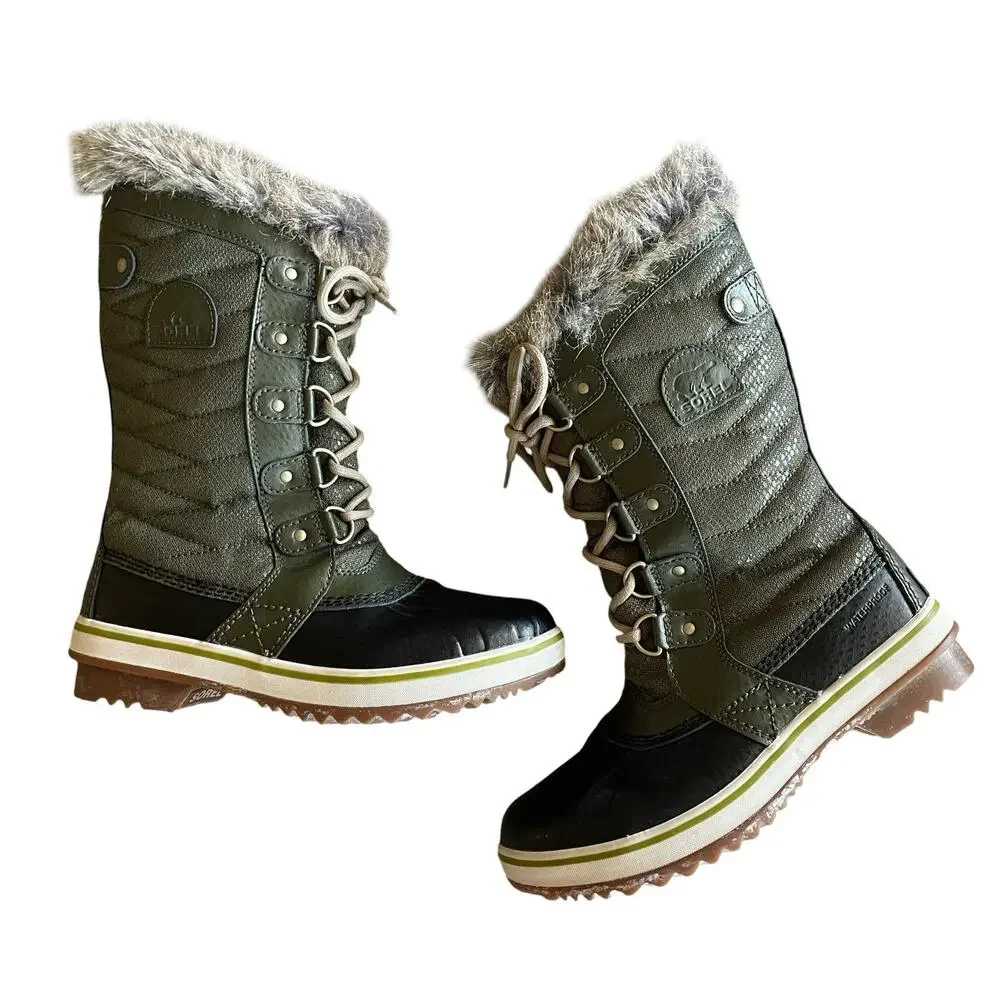 SOREL Size 4/EU 35 Green Lace-Up Faux Fur Waterproof Duck Boots Youth LY1890-213